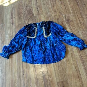 Royal Blue Plunge Puff Sleeve Blouse, Anthropologie